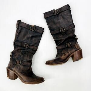 Frye Brown Leather Distressed Buckle heel boots